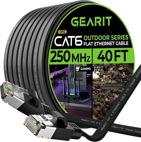 GearIT Cat 6 Outdoor Flat Ethernet Cable (50ft, Black) Direct Burial Rated LLDPE Jacket - Indoor Cat6 Shielded FTP 10Gbps High Speed Gaming Computer Network RJ45 Snagless Patch Cord Internet in Saudi Arabia