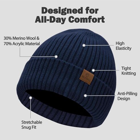 Oversized XL XXL Unisex Merino Wool Beanie with Fleece Lining Cold Weather Winter Hat Big Head in Kuwait