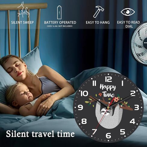 Wall Clock, 10 Inch Silent Non-Ticking Home Kitchen Decor, Battery Operated for Bathroom Bedroom Living Room Office(Cute Sloth) in Saudi Arabia