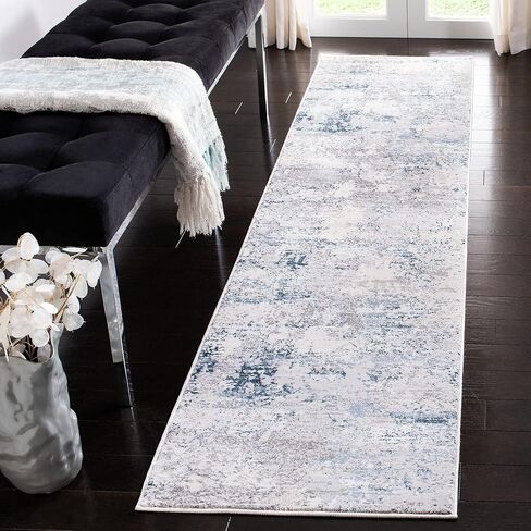 SAFAVIEH Amalfi Collection Runner Rug - 2' x 8', Cream & Navy, Modern Abstract Distressed Design, Non-Shedding & Easy Care, Ideal for High Traffic Areas in Living Room, Bedroom (AMF572C) in Saudi Arabia