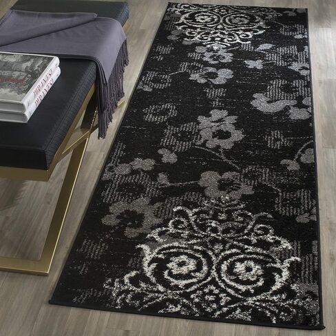 سجادة SAFAVIEH Adirondack Collection - 2'6" x 14'، أسود وفضي، تصميم زهري جلام دمشقي متعثر، لا يتساقط ويسهل العناية به، مثالي للمناطق ذات حركة المرور العالية في غرفة المعيشة وغرفة النوم (ADR114A) in Saudi Arabia