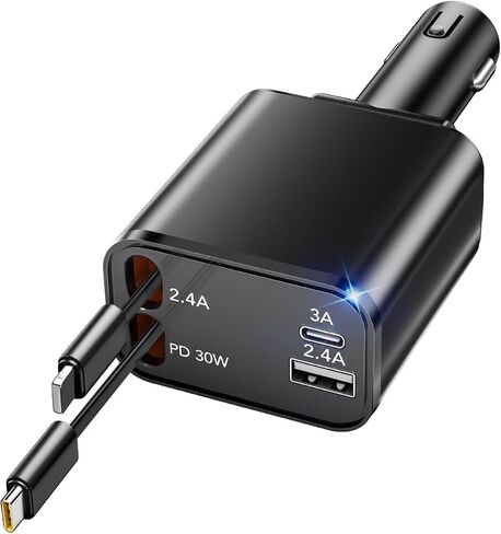 HATALKIN Retractable Car Charger, 69W Smaller 4 in 1 Fast Car Phone Charger, 2 Retractable Cables and USB C Car Charger, Car Charger Adapter for iPhone 15/Pro Max/14/13/12/11/ iPad Pro/Samsung/Pixel in Kuwait