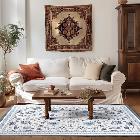 EVERGRACE Area Rugs for Living Room 5x7, Boho Floral Faux Wool Indoor Outdoor Rugs, Washable Rugs for Bedroom Dining Room Entryway Kitchen, Low Pile Floor Mat Carpet for Home Decor, Porcelain Blue in Saudi Arabia