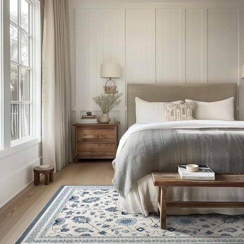 EVERGRACE Area Rugs for Living Room 5x7, Boho Floral Faux Wool Indoor Outdoor Rugs, Washable Rugs for Bedroom Dining Room Entryway Kitchen, Low Pile Floor Mat Carpet for Home Decor, Porcelain Blue in Saudi Arabia