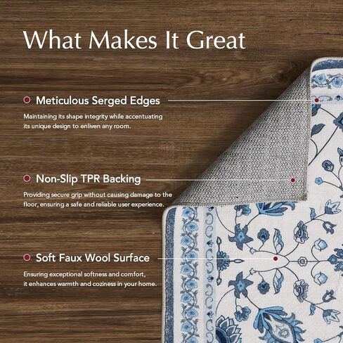 EVERGRACE Area Rugs for Living Room 5x7, Boho Floral Faux Wool Indoor Outdoor Rugs, Washable Rugs for Bedroom Dining Room Entryway Kitchen, Low Pile Floor Mat Carpet for Home Decor, Porcelain Blue in Saudi Arabia