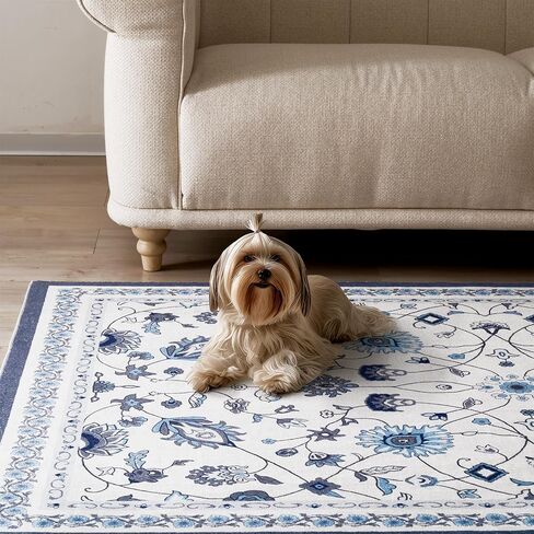 EVERGRACE Area Rugs for Living Room 5x7, Boho Floral Faux Wool Indoor Outdoor Rugs, Washable Rugs for Bedroom Dining Room Entryway Kitchen, Low Pile Floor Mat Carpet for Home Decor, Porcelain Blue in Saudi Arabia
