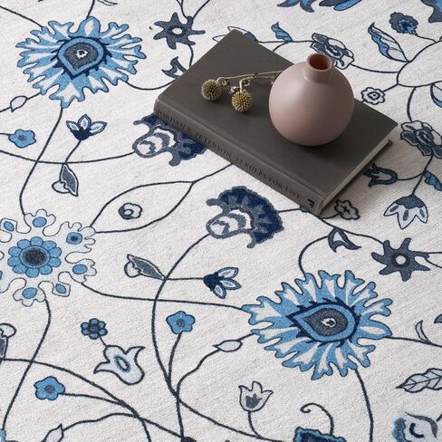 EVERGRACE Area Rugs for Living Room 5x7, Boho Floral Faux Wool Indoor Outdoor Rugs, Washable Rugs for Bedroom Dining Room Entryway Kitchen, Low Pile Floor Mat Carpet for Home Decor, Porcelain Blue in Saudi Arabia