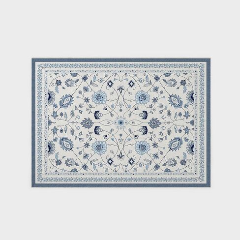 EVERGRACE Area Rugs for Living Room 5x7, Boho Floral Faux Wool Indoor Outdoor Rugs, Washable Rugs for Bedroom Dining Room Entryway Kitchen, Low Pile Floor Mat Carpet for Home Decor, Porcelain Blue in Saudi Arabia