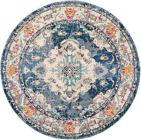 سجادة منطقة SAFAVIEH Monaco Collection - 6'7 مستديرة، أزرق داكن وأزرق فاتح، تصميم بوهو شيك ميدالية متعثرة، لا يتساقط ويسهل العناية بها، مثالية للمناطق ذات حركة المرور العالية في غرفة المعيشة وغرفة النوم (MNC243N) in Saudi Arabia
