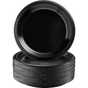 Amscan Black, Big Party Pack, Round Plastic Plates 10.25", 50 Per Pack