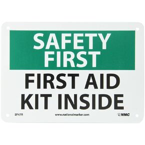 NMC SF47R OSHA Sign, Legend "SAFETY FIRST - FIRST AID KIT INSIDE", 10" Length x 7" Height, Rigid Plastic, Black/Green on White