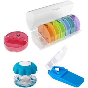EZY DOSE Weekly (14-Day) Medication Management Bundle, Pill Case, Medicine Planner, Vitamin Organizer Box with Pill Cutter and Crusher, Convenient and Easy to Use, Colors May Vary, BPA Free