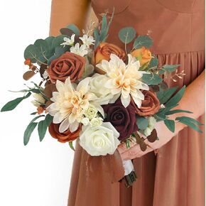 Rinlong 1Pc Fall Wedding Bouquets for Bridesmaids Burnt Orange Terracotta Bridal Bouquet Bride Bridesmaid Maid of Honor Bouquet Wedding
