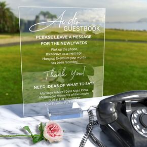 Acrylic Audio Guestbook Sign for Wedding, 8x10 Elegant Audio Phone Guest Book Wedding Sign with Crystal Base, Leave A Message Sign Clear Acrylic Board for Wedding Guests Reception Table Decor