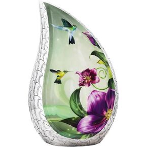 Personalize Engraved Hummingbird Print Teardrop Memorial Cremation Urn for Adult Human Ashes, Green & Silver