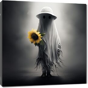 Cute Ghost Taking Sunflower With Hat/Walking Alone on Black White Street/Framed Canvas Wall Art Painting for All Saints' Day Decoration Home Bedroom Living Room Decor 12x12 inches Ready to Hang