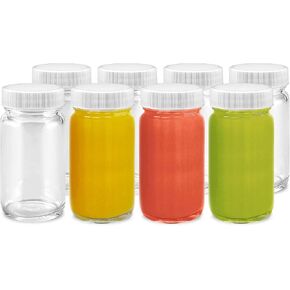 Juice Shot Bottles Set - Wide Mouth for Juicing, Beverage Storage, Liquids, 2 oz, Clear Glass with White Caps, Reusable, Leak Proof, Jars (8 pack)