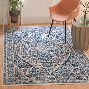 SAFAVIEH Brentwood Collection 3' Square Navy / Light Grey BNT832M Medallion Distressed Non-Shedding Living Room Bedroom Accent Rug