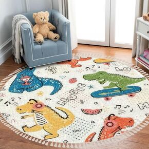 Round Rugs Dinosaur Baby boy Childish Sweet Dino with Palm and Cactus Boho Area Rug Linen and Cotton Carpet Meditation Rug Washable Hallway Runner Mat Accent Rug for Bedroom Bathroom 6ft