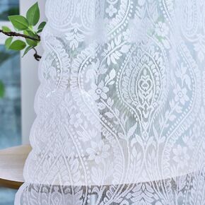 Kotile White Lace Curtains 54 Inch Length, 2 Panels Bohemian Damask Medallion Sheer Curtains for Bedroom, Rod Pocket Privacy Paisley Floral French Country Sheer Lace Curtains, 52 x 54 Inch, White