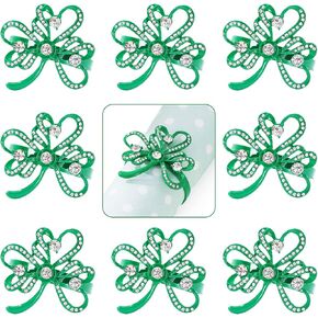 Whaline 8Pcs St. Patrick's Day Napkin Rings Green Shamrock Metal Napkin Holders Clover Napkin Rings with Rhinestones Dinner Table Decor for Irish Holiday Wedding Dining Table Setting Party Supplies
