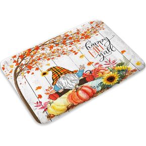 Boziqr Gnome Fall Bath Mat, Autumn Maple Tree Leaves Pumpkin Bathroom Rugs, Farmhouse Harvest Rustic Decor Fall Autumn Bathroom Rugs, 17 x 29 Inches