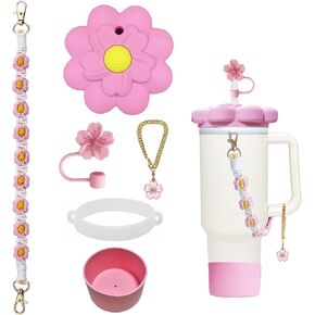 5Pcs Cup Accessories for Stanley Cup 40oz Tumbler with Handle, Including 1Pcs Water Bottle Handle Strap, Decorative Dustproof Scratch Cover Lid,Silicone Straw Topper Cap, Boot, Stanley Charms