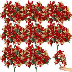 Hotop 12 Bundles Christmas Glitter Poinsettia Artificial Bushes 12.6 Inch Poinsettia Flowers Bushes Poinsettia Plants Christmas Decorations Ornaments for Indoor Outdoor (Red and Gold)