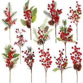 12 Pack Artificial Christmas Tree Picks, 12 Inch Assorted Red Berry Pine Picks Spray with Pinecones for Christmas Floral Arrangement DIY Wreath Winter Holiday Season Décor