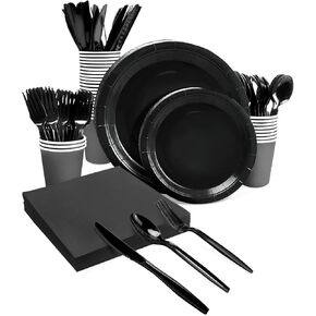 Lzerking Black Party Supplies Set 224 Pieces of Black Paper Plates, Cups, Napkins, and Heavy Duty Plastic Spoons Forks Knives for 32 Guests for Birthday, Graduation, Wedding, Festivals