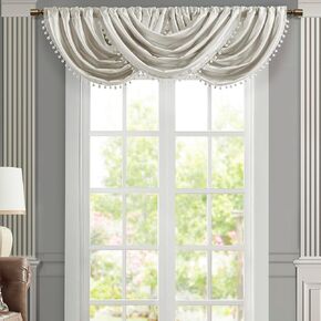 Satin Window Curtain Valance Single Piece Luxurious Valance for Living Room Window, Lustrous Antique Satin, Embellished Trim Window Valance for Bedroom, Avignon, 38x46 White