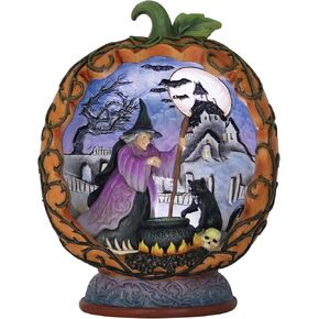 Enesco Jim Shore Heartwood Creek Halloween Pumpkin Diorama Witch Casting Spell Lit Figurine- Stone Resin Hand Painted Crafted Collectible Halloween Figurines with Lights Home Decor Statue, 7 Inch