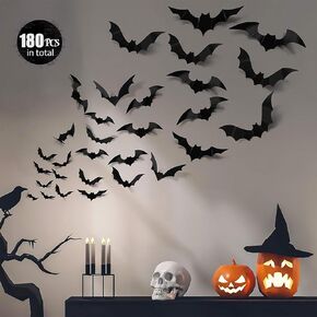 Halloween Decorations 180 Pcs PVC 3D Scary Bats Wall Decor Halloween Bat Decoration Stickers 4 Sizes DIY Halloween Bat Wall Decals for Home Decor Bathroom Indoor Outdoor Party Supplies