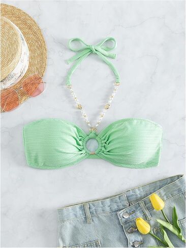 Women's Bandeau O Ring Halter Bikini Top Sleeveless Wireless Bra Bathing Suit Tops in Saudi Arabia