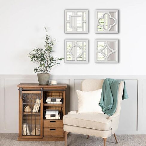 Farmhouse Squares Small Window Mirror Wall Decor Living Room 11.8", Hanging Distressed White Rustic Wood Frame Bedroom Wall Mirror Decor, Handmade Vintage Decorative Entryway Mirror in Saudi Arabia