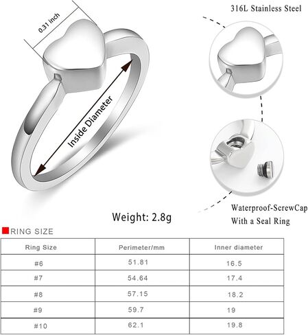 Heart Shape Urn Ring for Ashes for Women Men Finger Ring Memorial Jewelry for Loved Ones Ashes with Filling Kits in Saudi Arabia