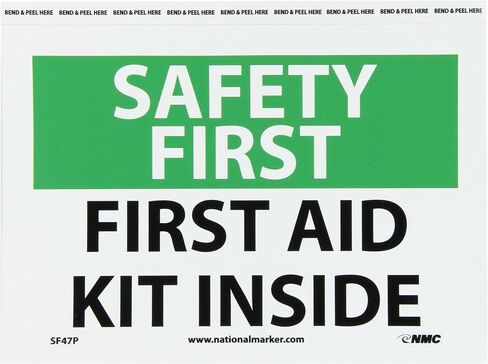 NMC SF47R OSHA Sign, Legend "SAFETY FIRST - FIRST AID KIT INSIDE", 10" Length x 7" Height, Rigid Plastic, Black/Green on White in Saudi Arabia