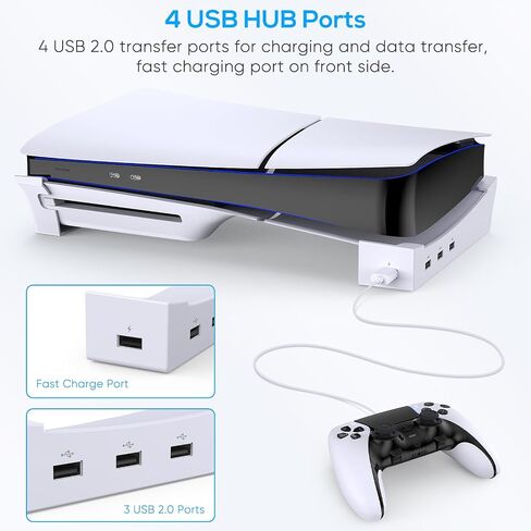 Horizontal Stand Accessories for PS5 Slim Console with Hub-Base Stand Holder Compatible with Playstation 5 Slim Disc & Digital Edition-1 Fast Charging & 3 Date Transfer USB 2.0 Port-Black in Saudi Arabia