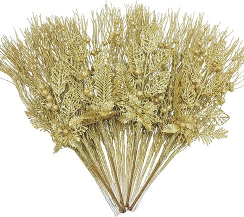 36 Pcs Christmas Tree Picks 17'' Sprays Artificial Flower Glitter Berry Stem Ornaments Decorative Branches Twigs Sprigs Sticks for Xms Tree Vase DIY Wreath Crafts Fireplace (Champagne) in Kuwait