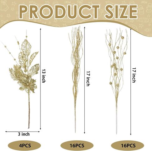 36 Pcs Christmas Tree Picks 17'' Sprays Artificial Flower Glitter Berry Stem Ornaments Decorative Branches Twigs Sprigs Sticks for Xms Tree Vase DIY Wreath Crafts Fireplace (Champagne) in Kuwait