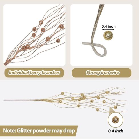 36 Pcs Christmas Tree Picks 17'' Sprays Artificial Flower Glitter Berry Stem Ornaments Decorative Branches Twigs Sprigs Sticks for Xms Tree Vase DIY Wreath Crafts Fireplace (Champagne) in Kuwait