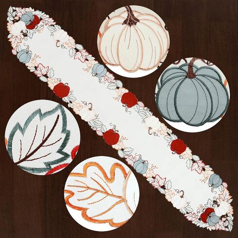 مفرش طاولة Grelucgo مطرز للخريف والخريف باللون الأزرق Harvest Pumpkins، وشاح على سطح الطاولة لعيد الشكر (14x54 بوصة) in Kuwait