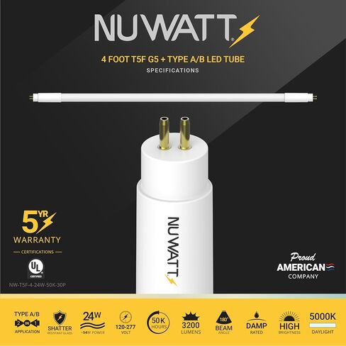 NUWATT 30 حزمة، 4FT T5 LED أضواء أنبوبية من النوع A+B، مصابيح LED T5 هجينة 5000K ضوء النهار، سطوع عالي 3200LM 24W، التوصيل والتشغيل أو تجاوز الصابورة، طاقة مزدوجة الأطراف، استبدال T5 للفلورسنت، UL، G5 in Saudi Arabia
