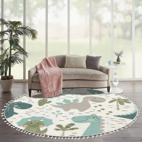Round Rugs Dinosaur Baby boy Childish Sweet Dino with Palm and Cactus Boho Area Rug Linen and Cotton Carpet Meditation Rug Washable Hallway Runner Mat Accent Rug for Bedroom Bathroom 6ft in Saudi Arabia