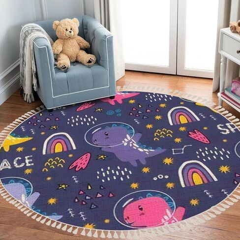 Round Rugs Dinosaur Baby boy Childish Sweet Dino with Palm and Cactus Boho Area Rug Linen and Cotton Carpet Meditation Rug Washable Hallway Runner Mat Accent Rug for Bedroom Bathroom 6ft in Saudi Arabia