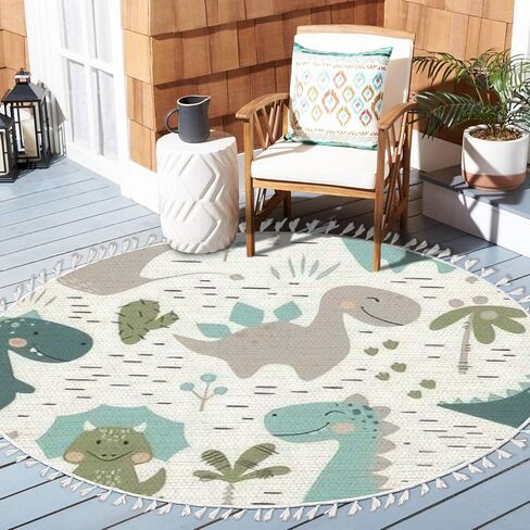 Round Rugs Dinosaur Baby boy Childish Sweet Dino with Palm and Cactus Boho Area Rug Linen and Cotton Carpet Meditation Rug Washable Hallway Runner Mat Accent Rug for Bedroom Bathroom 6ft in Kuwait