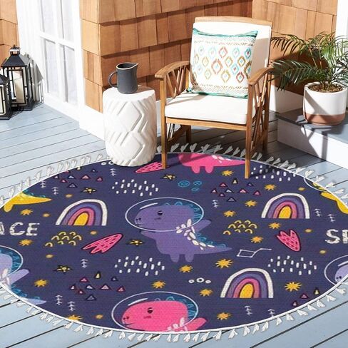 Round Rugs Dinosaur Baby boy Childish Sweet Dino with Palm and Cactus Boho Area Rug Linen and Cotton Carpet Meditation Rug Washable Hallway Runner Mat Accent Rug for Bedroom Bathroom 6ft in Saudi Arabia
