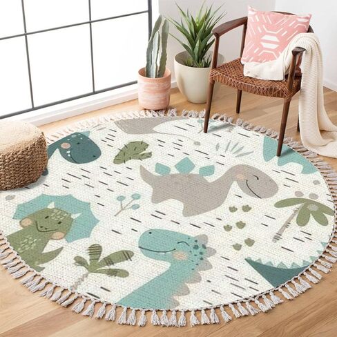 Round Rugs Dinosaur Baby boy Childish Sweet Dino with Palm and Cactus Boho Area Rug Linen and Cotton Carpet Meditation Rug Washable Hallway Runner Mat Accent Rug for Bedroom Bathroom 6ft in Kuwait