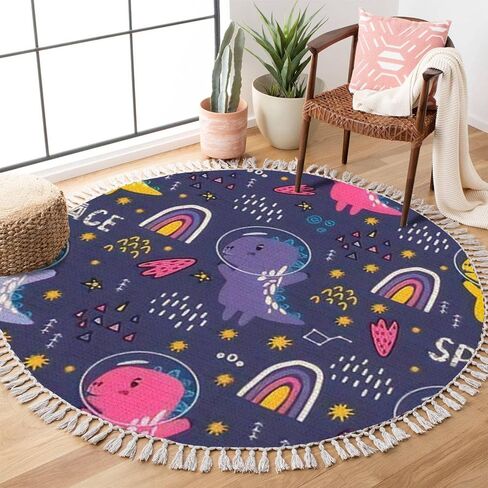 Round Rugs Dinosaur Baby boy Childish Sweet Dino with Palm and Cactus Boho Area Rug Linen and Cotton Carpet Meditation Rug Washable Hallway Runner Mat Accent Rug for Bedroom Bathroom 6ft in Saudi Arabia