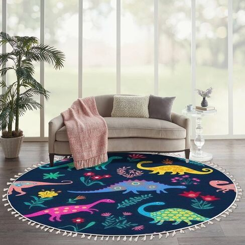 Round Rugs Dinosaur Baby boy Childish Sweet Dino with Palm and Cactus Boho Area Rug Linen and Cotton Carpet Meditation Rug Washable Hallway Runner Mat Accent Rug for Bedroom Bathroom 6ft in Saudi Arabia